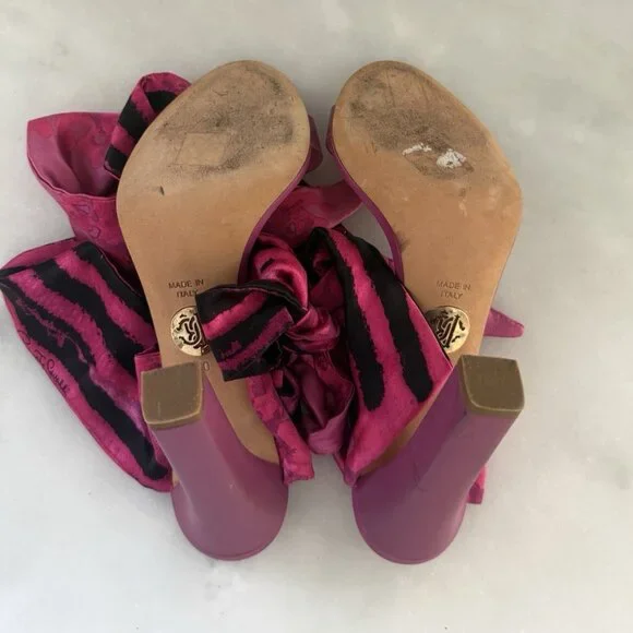 ROBERTO CAVALLI PInk Black Slide Stiletto Heels Silk Ankle Wrap Tie - Picture 5 of 8